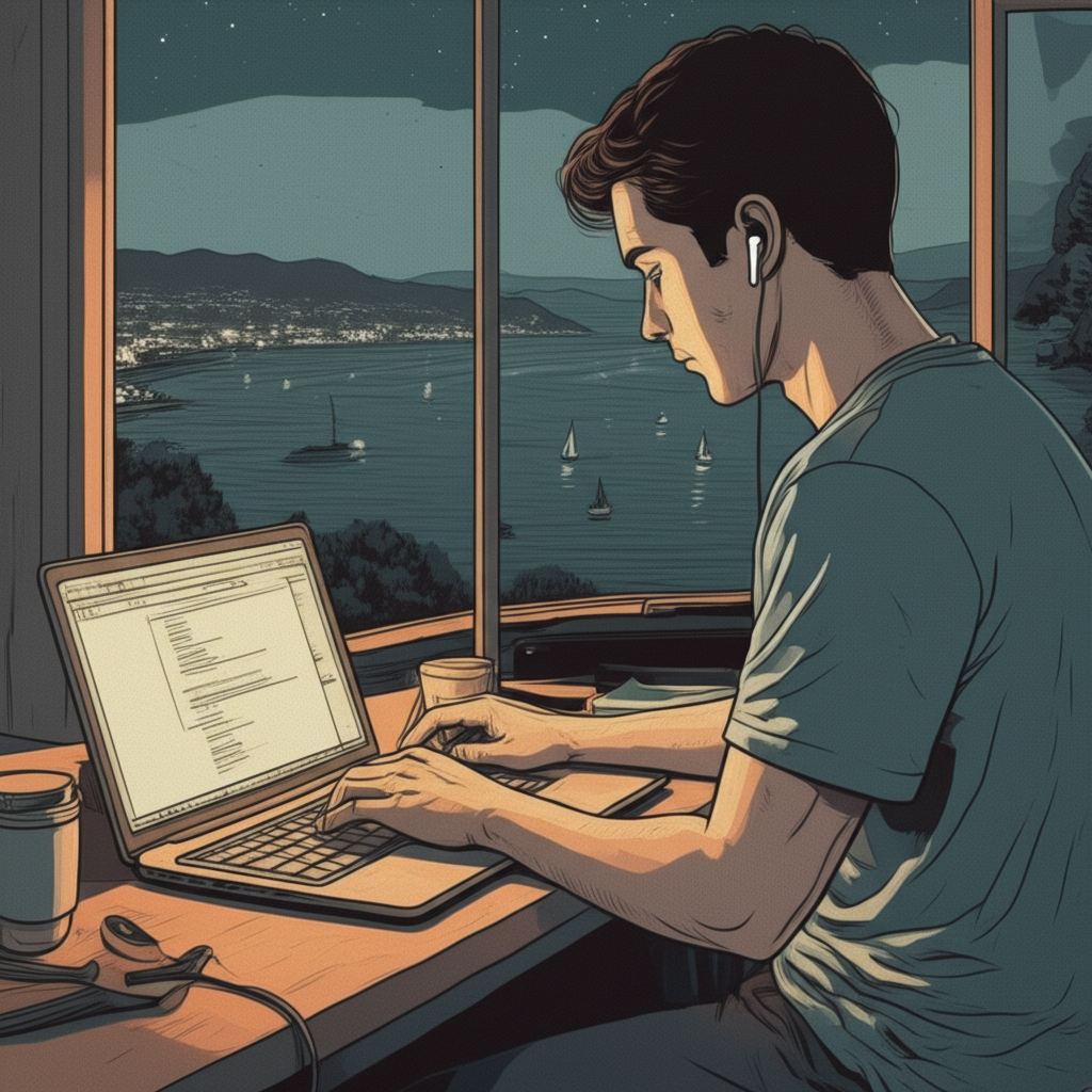 A young, focused developer is intensely coding on his Macbook, with an airpods , bathed in the warm glow of the screen. The scene is set as dusk descends, with a vast window behind him revealing a breathtaking coastline. Twinkling city lights mirror the starry sky above, while gentle boat lights dance on the tranquil sea. Rendered in a lo-fi, vintage comic book aesthetic, the image uses soft, muted colors and subtle grainy textures to evoke a nostalgic feel. The composition emphasizes the developer's concentration amidst the serene, subtly melancholic atmosphere, creating a visually calming and emotionally resonant poster.