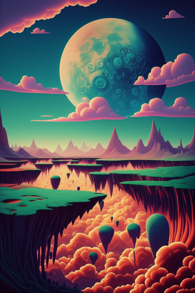 Uma paisagem deslumbrante com ilhas flutuantes e uma lua gigante, no estilo de Salvador Dali