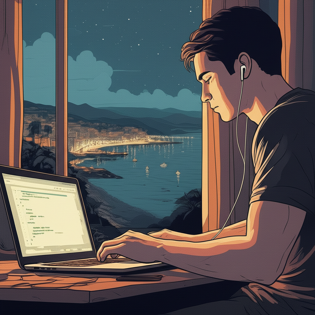 A young, focused developer intensely codes on his Macbook, wearing AirPods. The warm screen illuminates him as dusk settles, a vast window behind him reveals a breathtaking coastline. Twinkling city lights mirror a starry sky; gentle boat lights dance on a tranquil sea. Lo-fi, vintage comic book aesthetic, soft, muted colors, subtle grainy textures evoke nostalgia. 