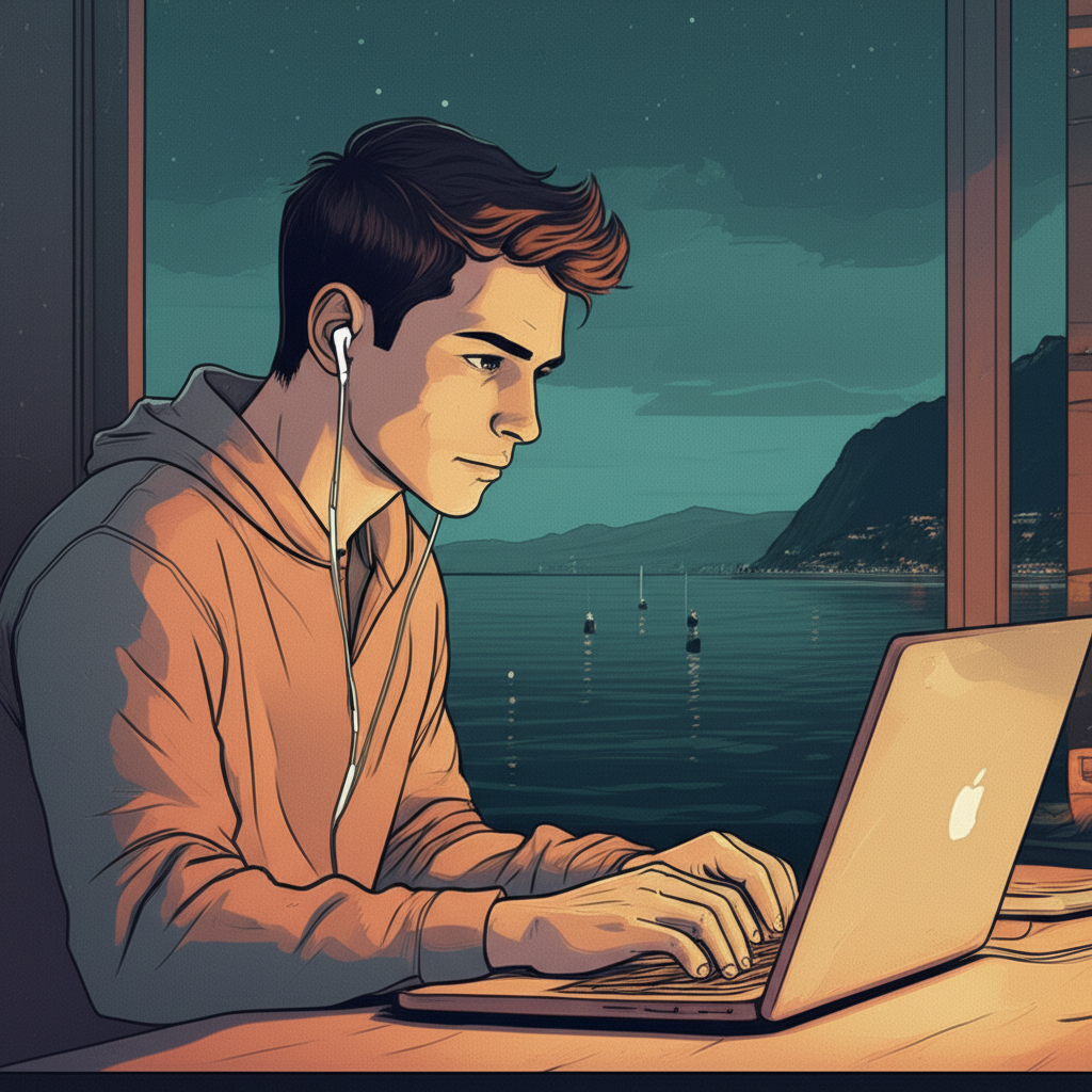 A young, focused developer intensely codes on his Macbook, wearing AirPods. The warm screen illuminates him as dusk settles, a vast window behind him reveals a breathtaking coastline. Twinkling city lights mirror a starry sky; gentle boat lights dance on a tranquil sea. Lo-fi, vintage comic book aesthetic, soft, muted colors, subtle grainy textures evoke nostalgia. 