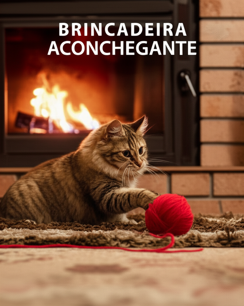 Um gato brincando com sua bolinha de lá próximo a lareira