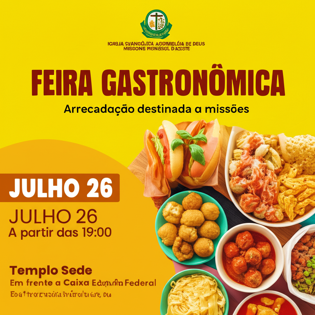 A clean, modern pamphlet presenting the "Feira Gastronômica" for "IGREJA EVANGÊLICA ASSEMBLÉIA DE DEUS MISSIONS MIRASSOL D'OESTE" with a space where a logo will be placed. The poster includes the sub-theme "Arrecadação destinada a missões." The event date is "JULHO 26," and below it, "A partir das 19:00", "Templo Sede", and "Em frente a Caixa Econômica Federal." On the right side of the pamphlet, there are several bowls and plates with different types of food, including what appears to be pasta, meatballs, and other dishes with sauce, suggesting a variety of dishes such as savory snacks, hot dogs, pasta, and chicken.