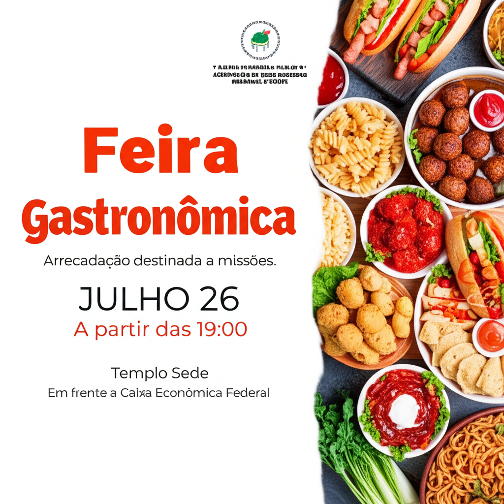 A clean, modern pamphlet presenting the "Feira Gastronômica" for "IGREJA EVANGÊLICA ASSEMBLÉIA DE DEUS MISSIONS MIRASSOL D'OESTE" with a space where a logo will be placed. The poster includes the sub-theme "Arrecadação destinada a missões." The event date is "JULHO 26," and below it, "A partir das 19:00", "Templo Sede", and "Em frente a Caixa Econômica Federal." On the right side of the pamphlet, there are several bowls and plates with different types of food, including what appears to be pasta, meatballs, and other dishes with sauce, suggesting a variety of dishes such as savory snacks, hot dogs, pasta, and chicken.