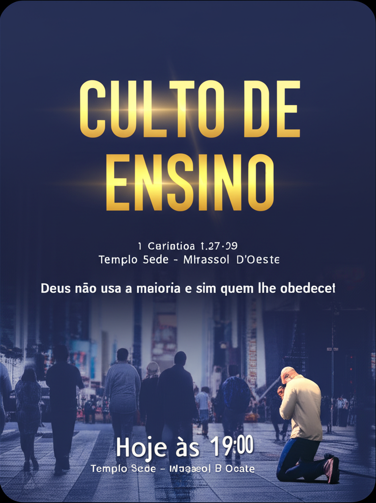 A captivating poster for a religious teaching event. The title, 'CULTO DE ENSINO' (Teaching Service), should be prominently displayed at the top in bold, elegant lettering, perhaps with a subtle golden or ethereal glow. Below the title, present the theme: 'Deus não usa a maioria e sim quem lhe obedece!' (What happens when God acts and where He acts). The Bible reference, '1 Coríntios 1.27-29,' should be clearly noted, possibly in a classic serif font. Include the date and time, 'Hoje às 19:00' (Today at 7:00 PM), and the location, 'Templo Sede - Mirassol D'Oeste,' in a clear and legible font, ensuring they are easily readable but do not overpower the main message. Consider a color palette that conveys reverence and inspiration, such as deep blues and purples contrasted with gold or white highlights. The overall design should be balanced and harmonious, creating a welcoming and spiritually uplifting impression. Use uma imagem de diversas pessoas andando na Time Square, como se estivesse apagadas em background e entre elas apenas uma acesa, de joelhos em oração