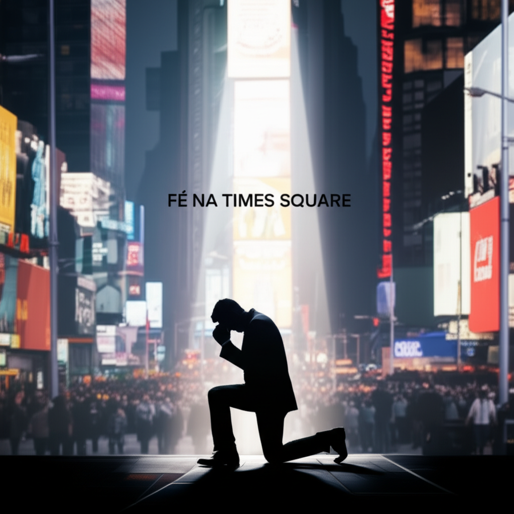 Uma imagem de diversas pessoas andando na Time Square, como se estivesse apagadas em background e entre elas apenas um homem, de joelhos em oração, em destaque, iluminado por um feixe de luz que vem de cima