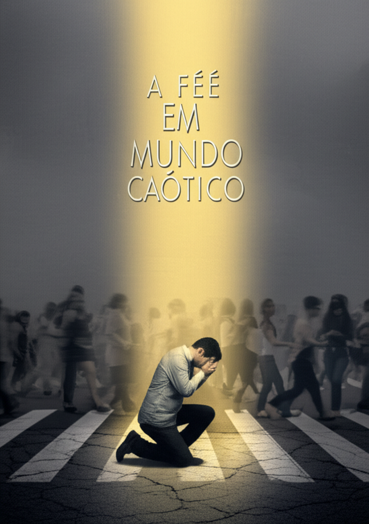 Um homem de joelho em um cruzamento, há um pequeno feixe de luz que o ilumina vindo do céu, representando que Deus o está vendo. Ao seu redor diversas pessoas andando, elas estão apagadas e ofuscadas