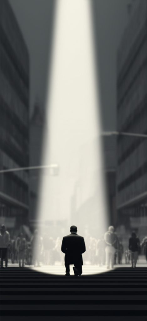 Um homem de joelho em um cruzamento, há um pequeno feixe de luz que o ilumina vindo do céu, representando que Deus o está vendo. Ao seu redor diversas pessoas andando, elas estão apagadas e ofuscadas. Não adicione nenhum texto na imagem.