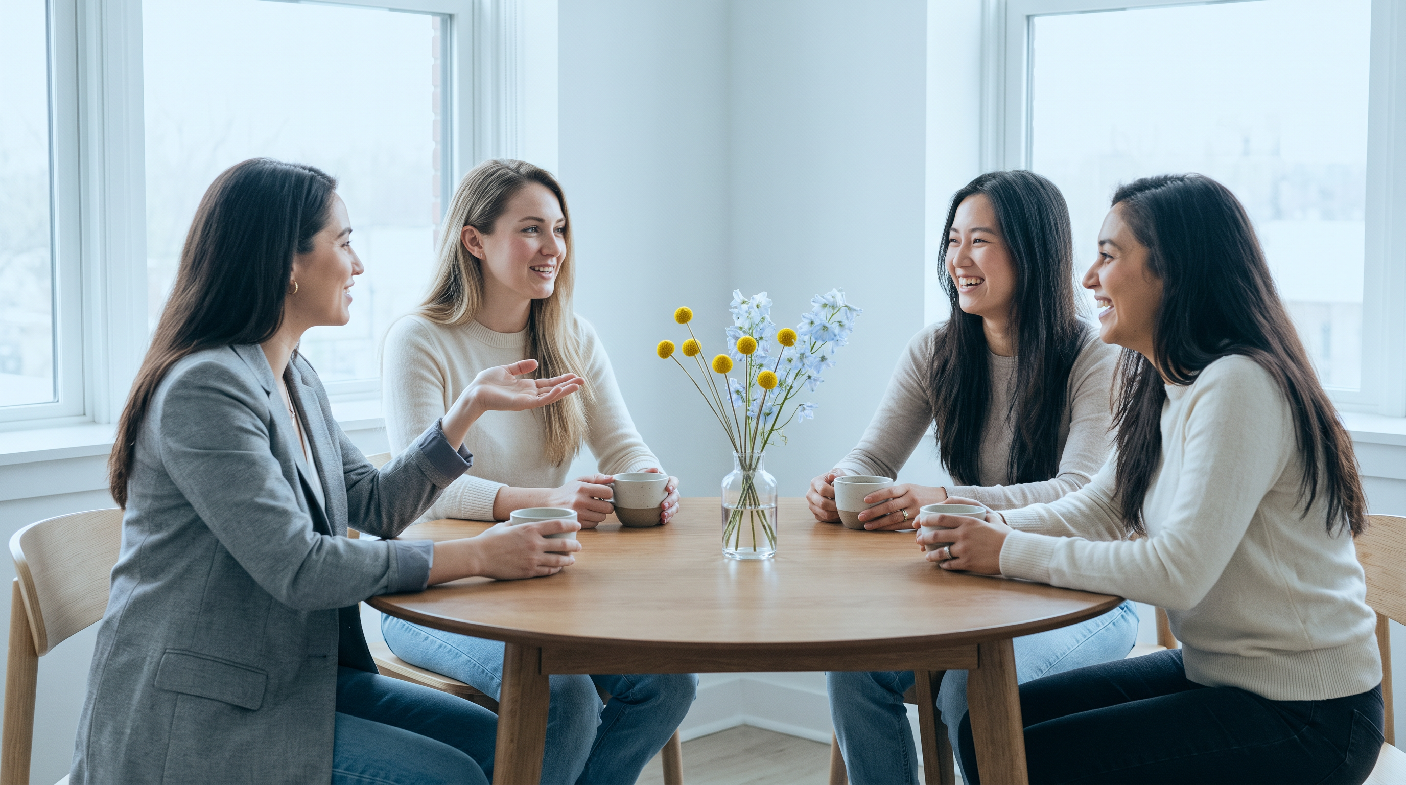 Small group of professional women talking at a table, the kind of circle an Ellevate Network chapter aims to create