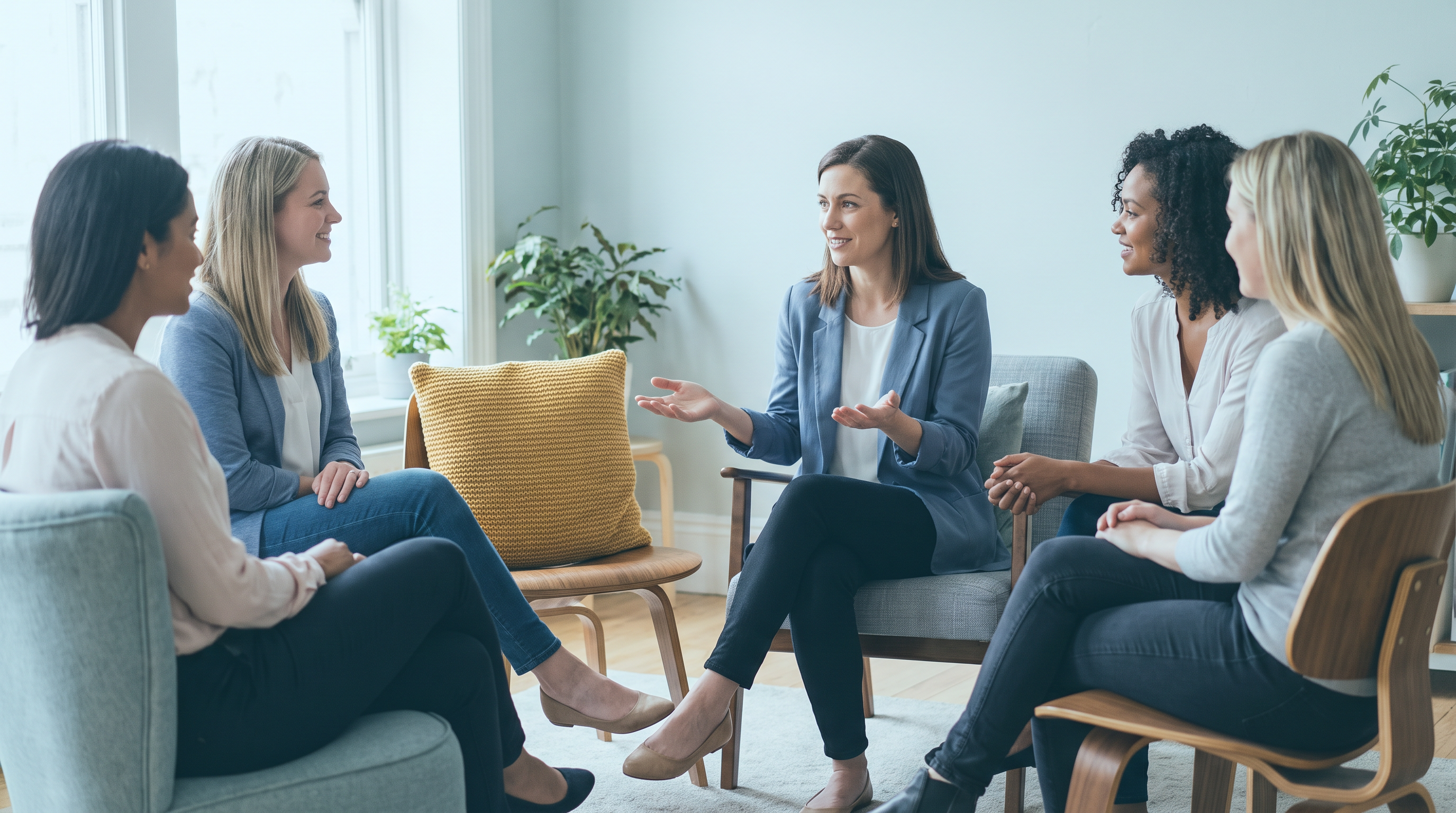 Peer circle of professional women talking, one of the women's business groups types