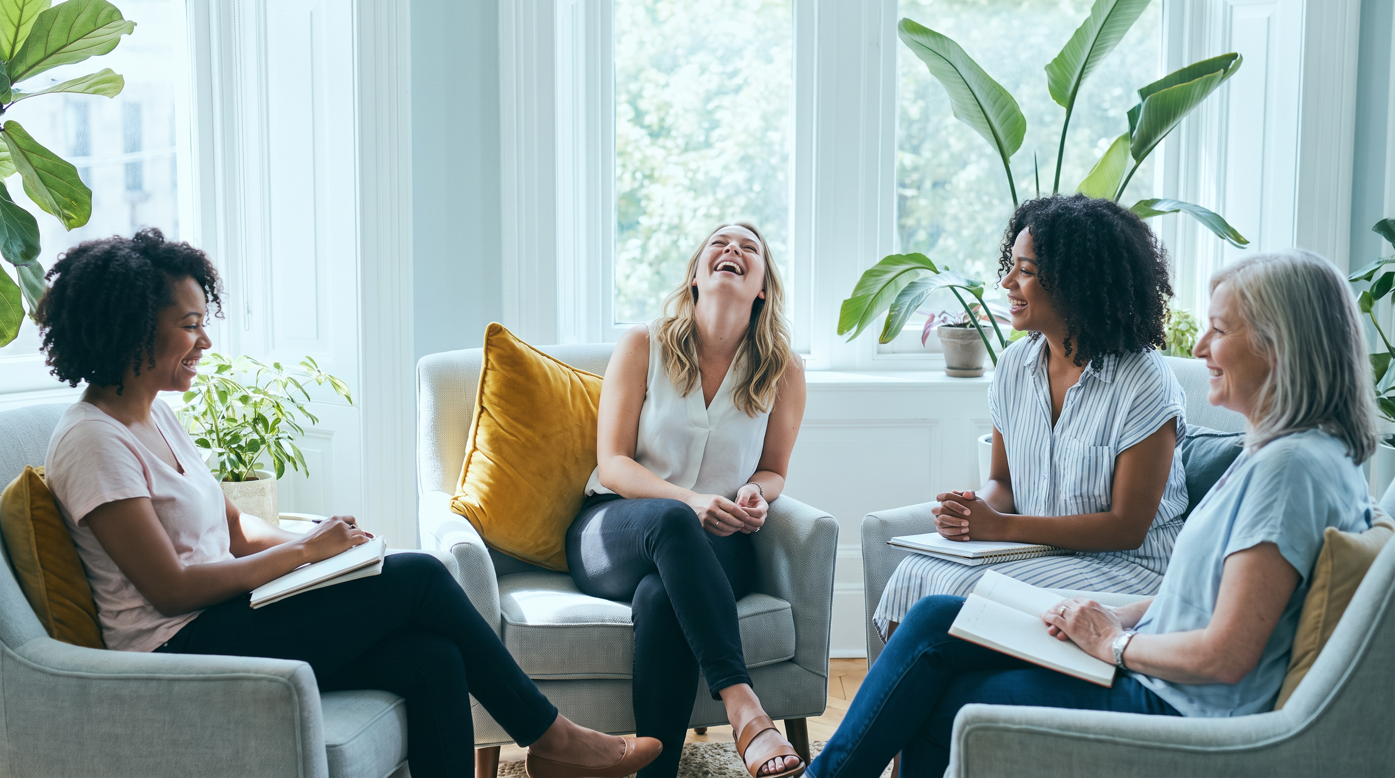 Small group of professional women in conversation, the kind of support found at women friendly companies