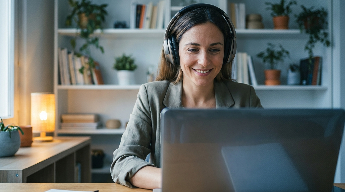 Woman executive smiling while joining virtual networking events from her home office