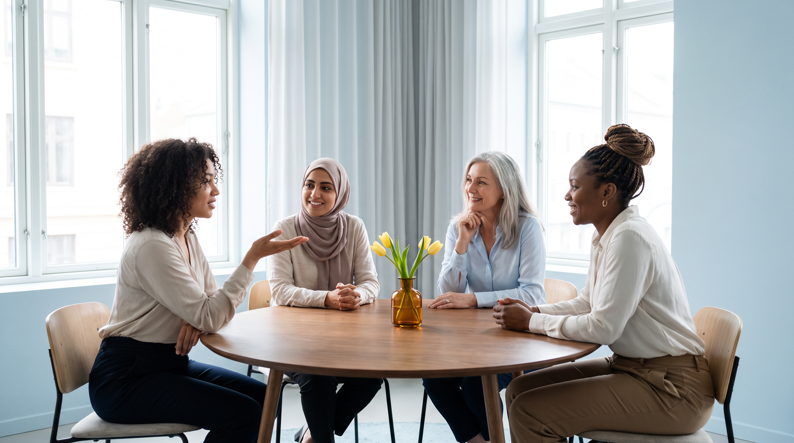 Small group of women leaders in conversation, showing gender diversity in leadership at work