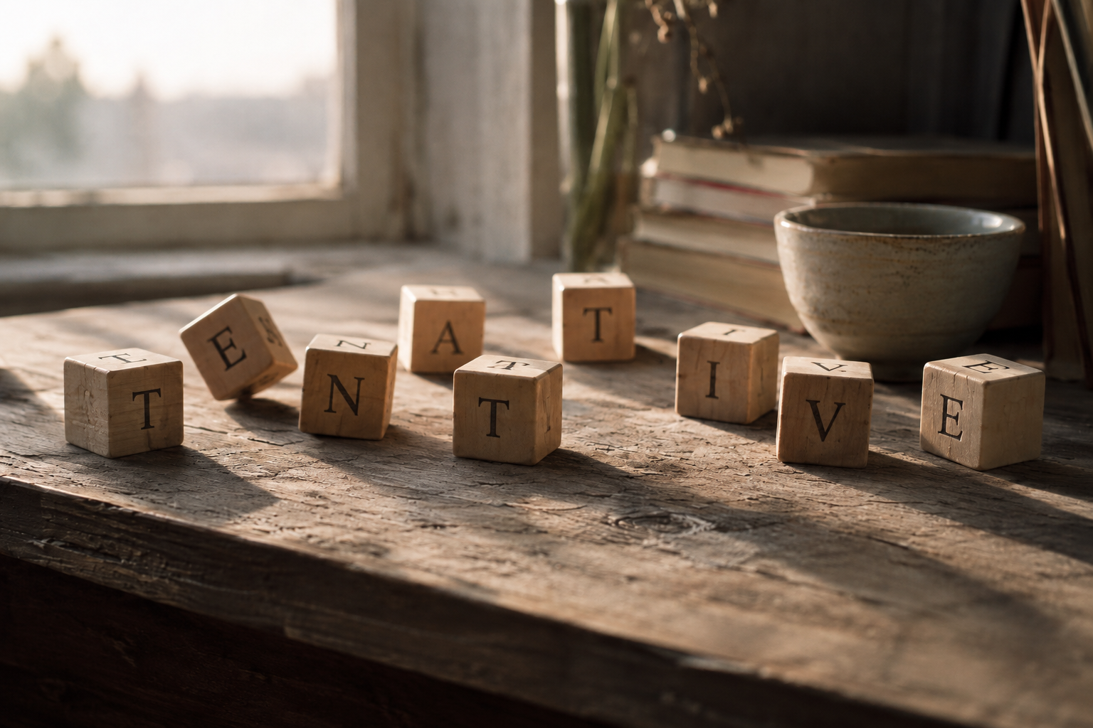 Warm sunlight falls across scattered wooden letter blocks on a rustic table; the visible letters together spell TENTATIVE without being arranged in a line.