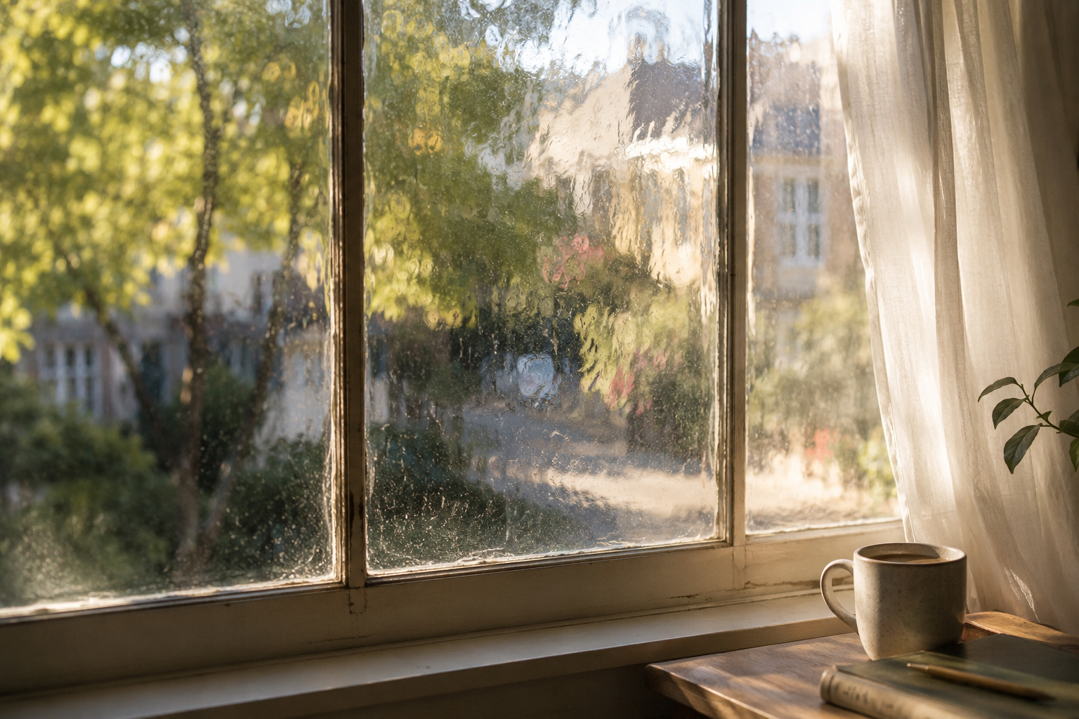 Warm sunlight falls through slightly rippled old window glass, softly distorting the leafy outdoor scene; a light curtain, ceramic mug, notebook, and pen sit nearby.