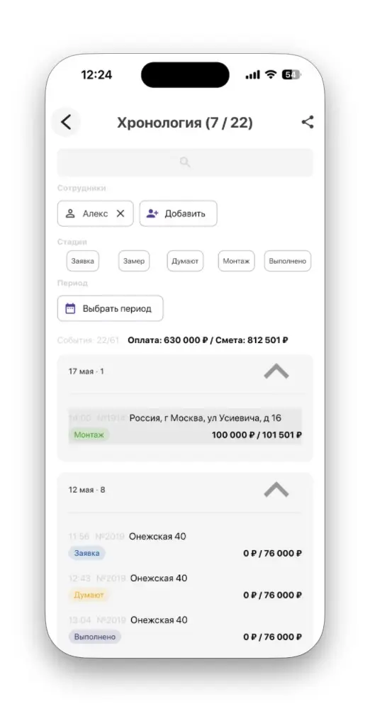 Хронология M1 Pro после выбора сотрудника в фильтре.