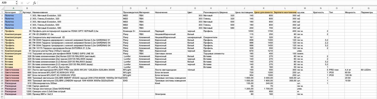 Скриншот Excel-шаблона M1 PRO