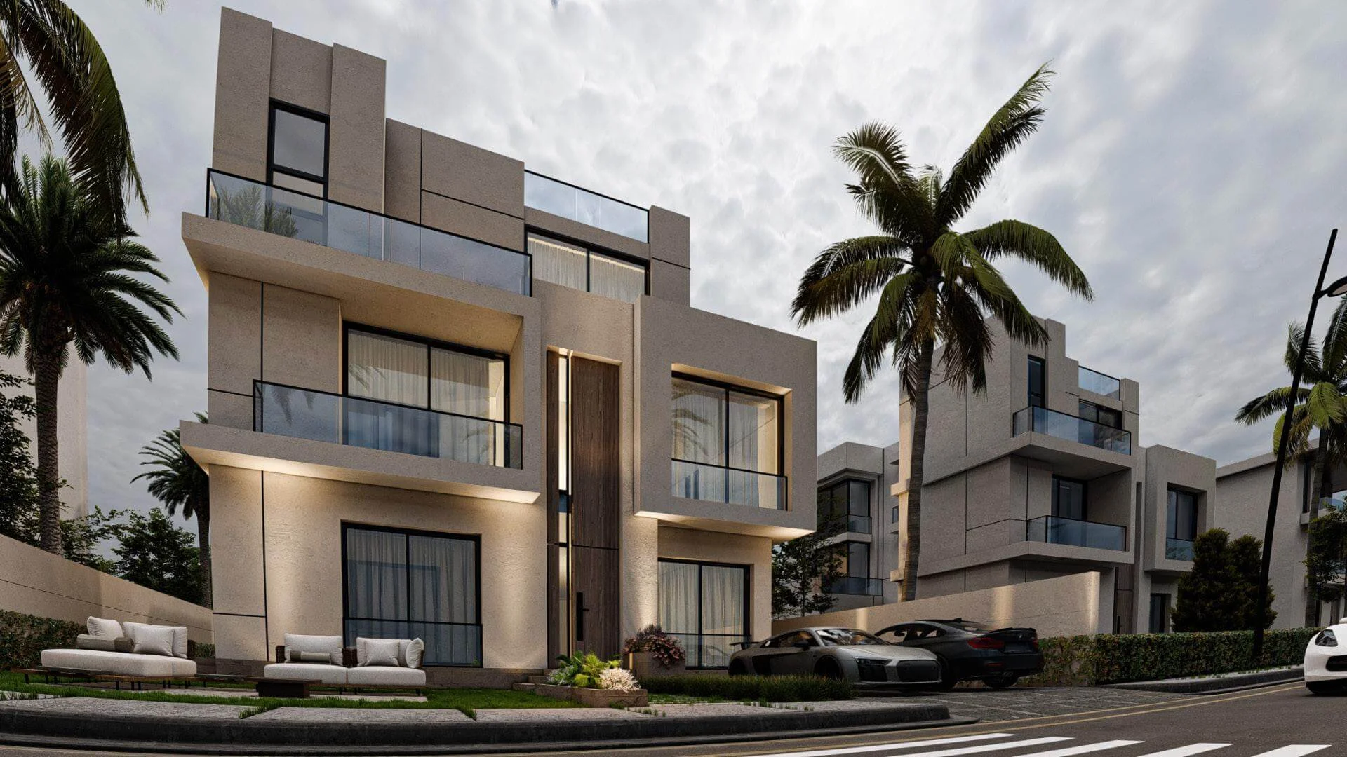 Modern energy-efficient home in Qatar with smart controls, solar panels, and water-saving sustainable design features