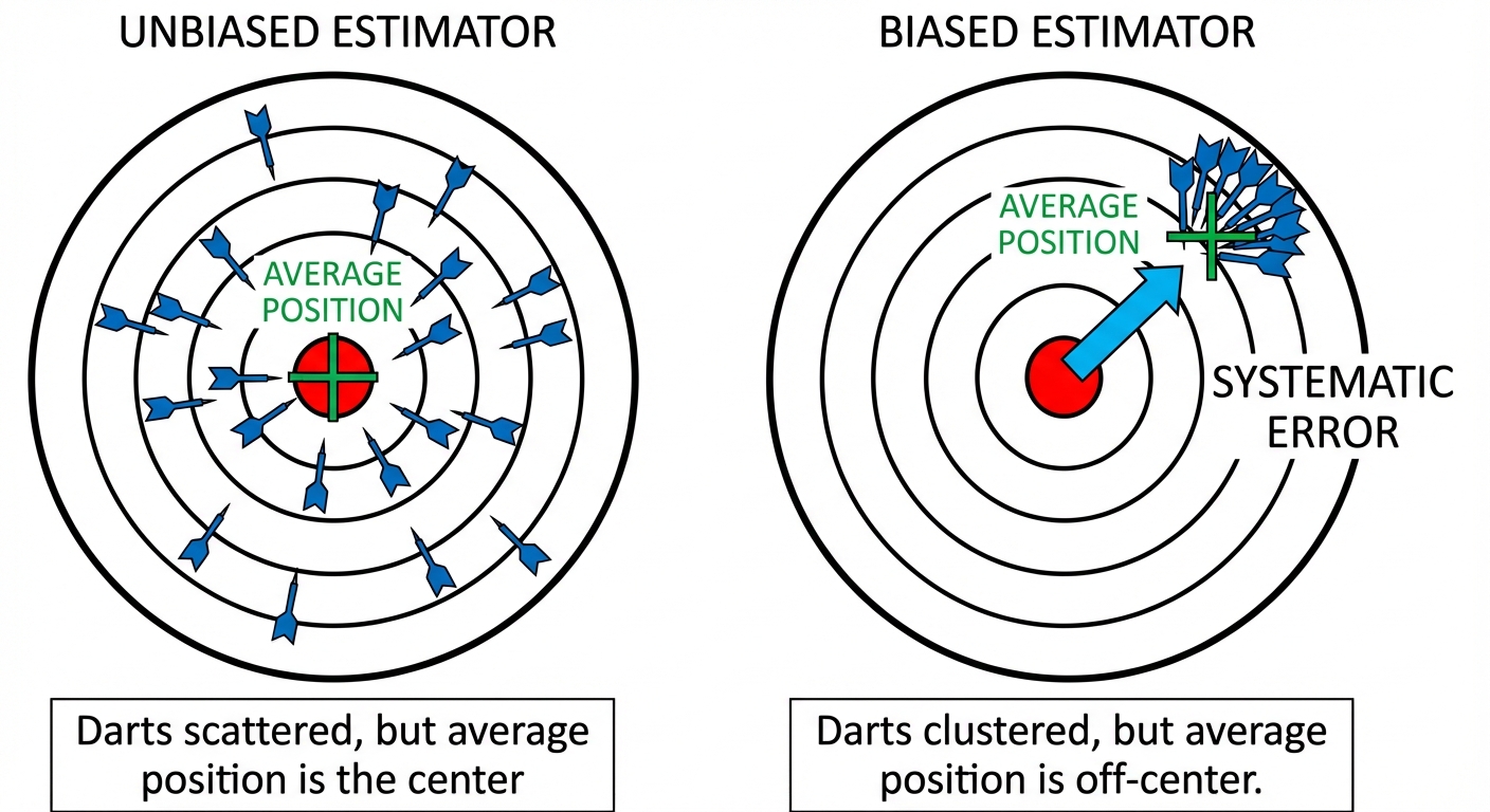 A diagram showing two dartboards. The 'Unbiased Estimator' board has darts scattered all around the bullseye, but the average position is the center. The 'Biased Estimator' board has darts clustered together, but the whole cluster is off to the side of the bullseye.