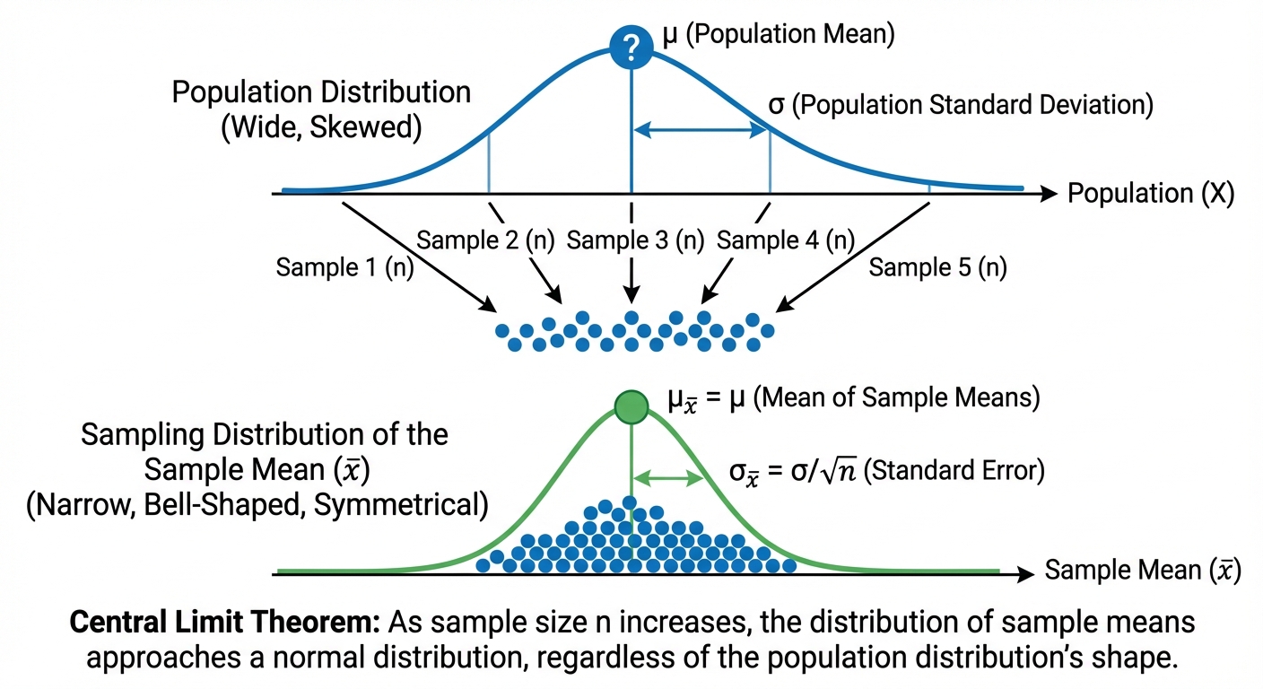 A diagram showing a wide, skewed population distribution at the top. Below it, several dots representing individual sample means are plotted. These dots form a much narrower, symmetrical, bell-shaped curve, illustrating the Central Limit Theorem.