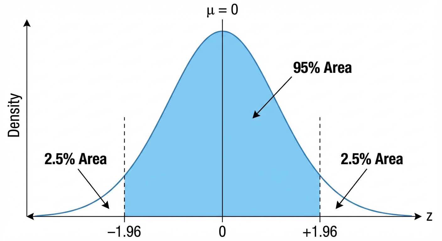 A diagram of the standard normal distribution curve, showing the central 95% of the area shaded in blue. The boundaries of this area are marked with z-scores of -1.96 and +1.96, with the remaining 2.5% in each tail.