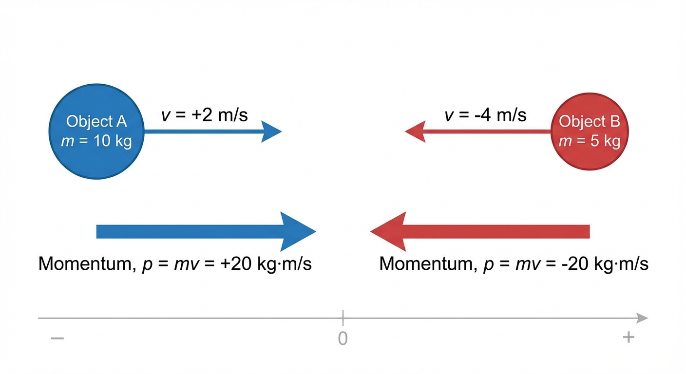 A diagram showing two objects. Object A (mass 10kg, velocity +2 m/s) has a momentum vector of +20 pointing right. Object B (mass 5kg, velocity -4 m/s) has a momentum vector of -20 pointing left, showing the importance of direction.
