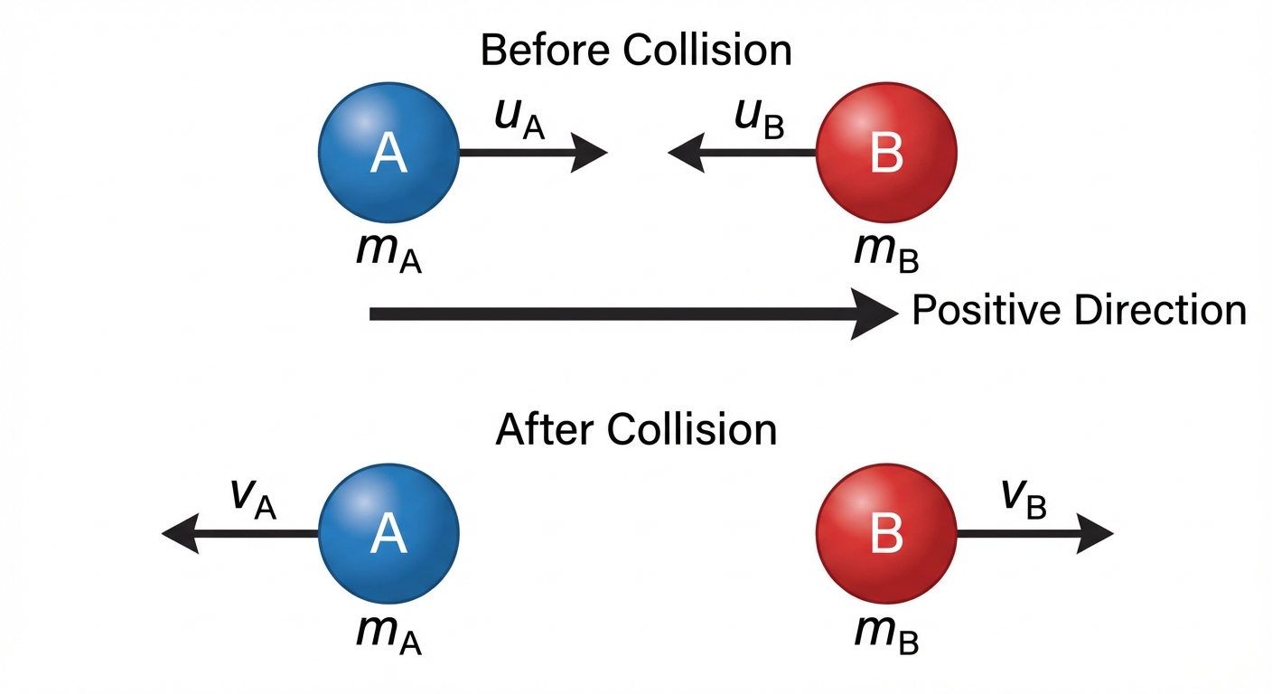 A diagram showing two particles, A and B, with masses and and initial velocities and moving towards each other. Below it, another diagram showing the same particles after collision, moving apart with final velocities and . Arrows clearly indicate the direction of motion, and a positive direction arrow is shown for the system.