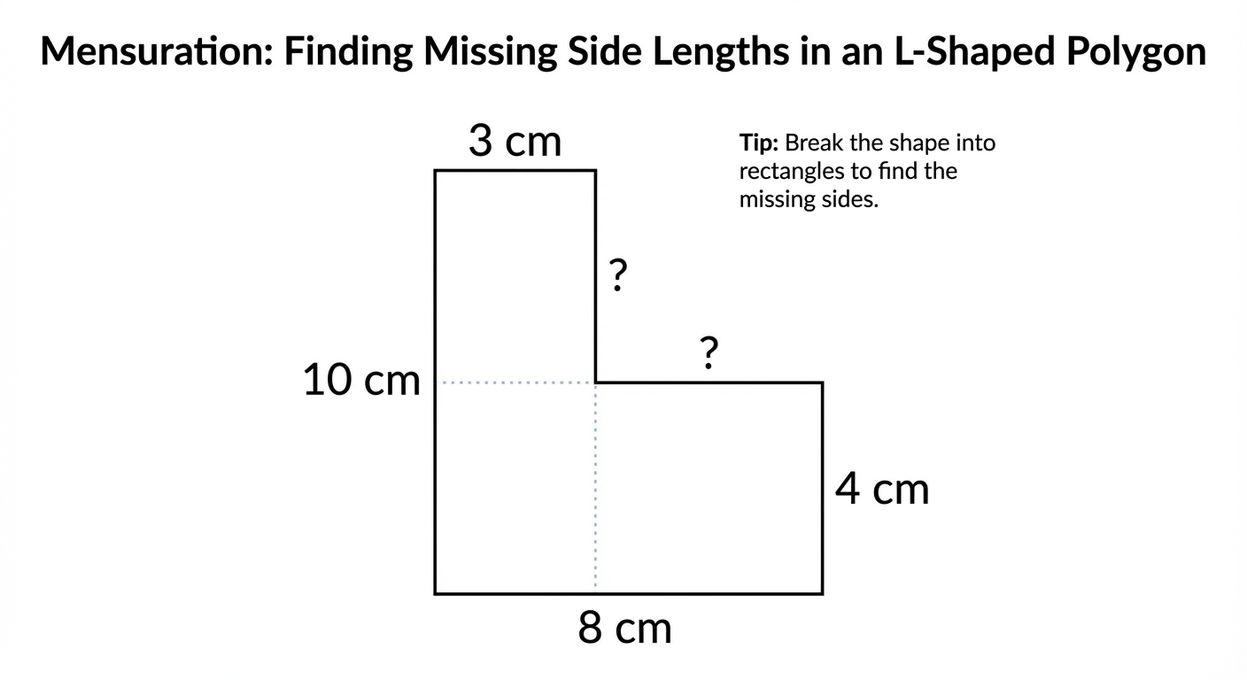 An L-shaped polygon with some side lengths labelled, and two missing lengths indicated with question marks.