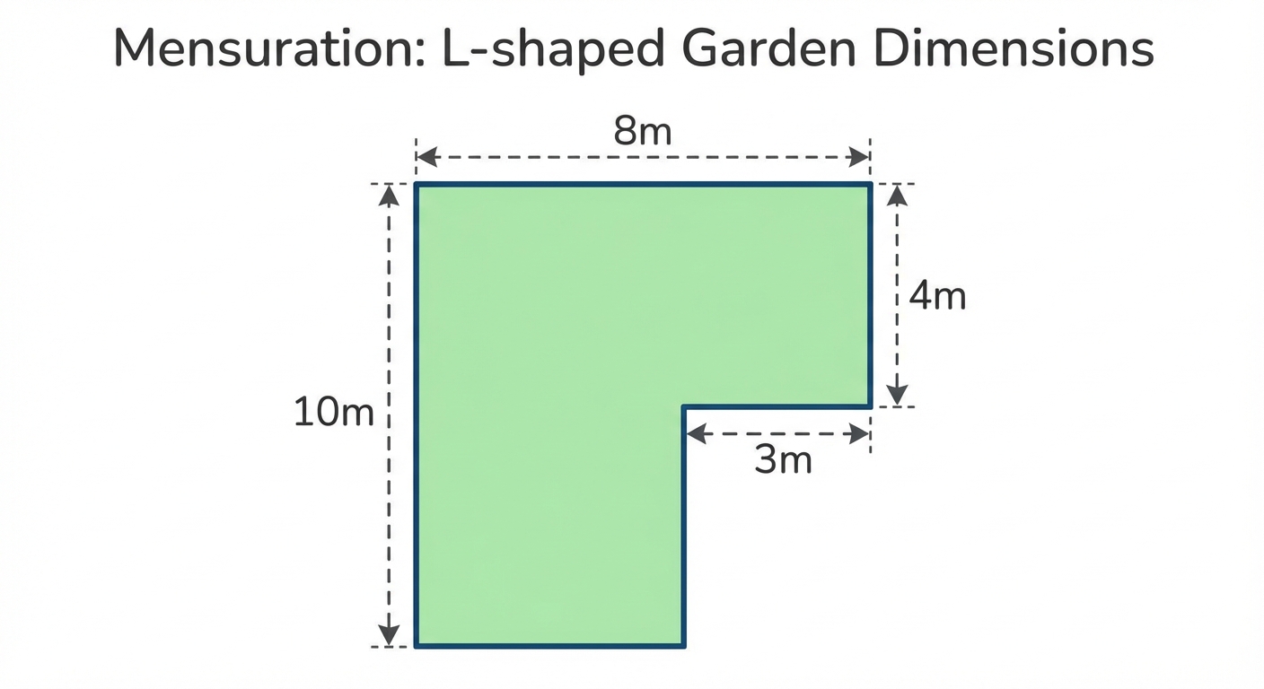 The same L-shaped garden with dimensions 10m on the long vertical side, 8m on the long horizontal side, 4m on the short vertical side, and 3m on the short horizontal side.