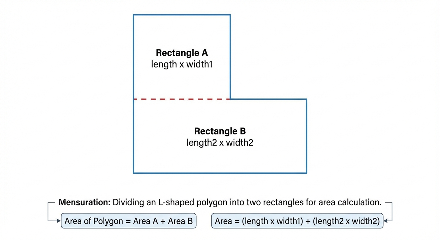 An L-shaped polygon being split into two separate rectangles with a dotted line.