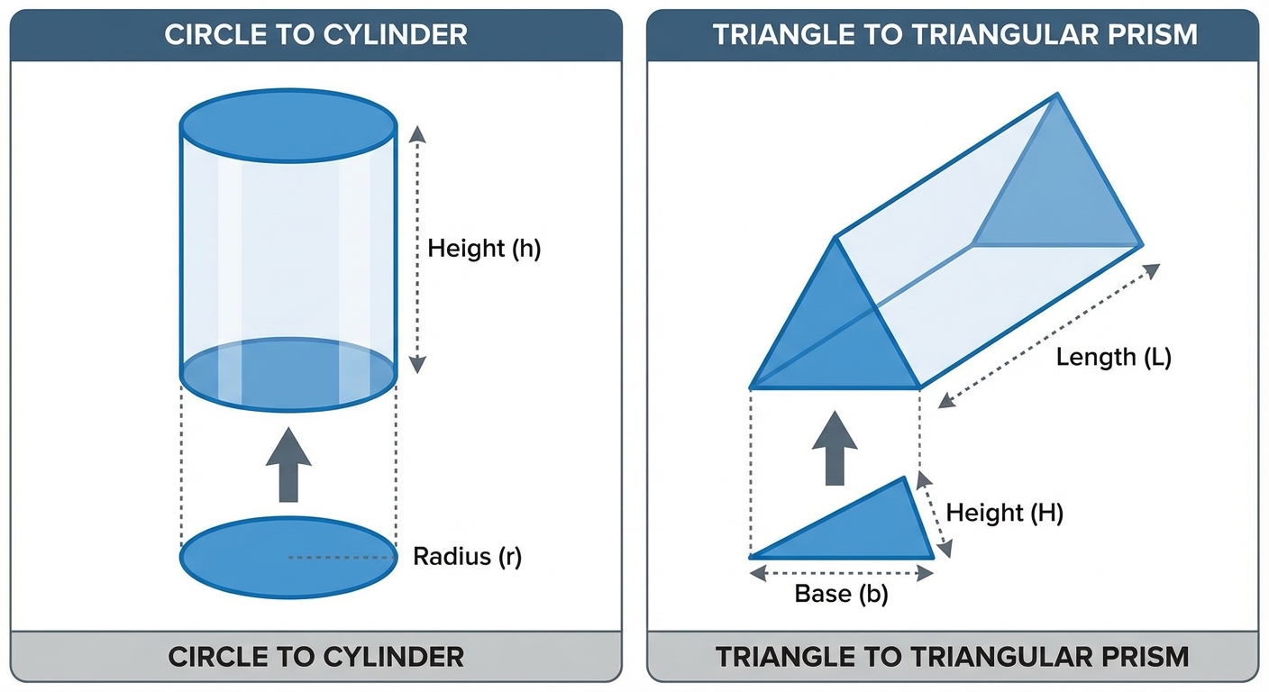 An animation showing a circle being extruded to form a cylinder, and a triangle being extruded to form a triangular prism.
