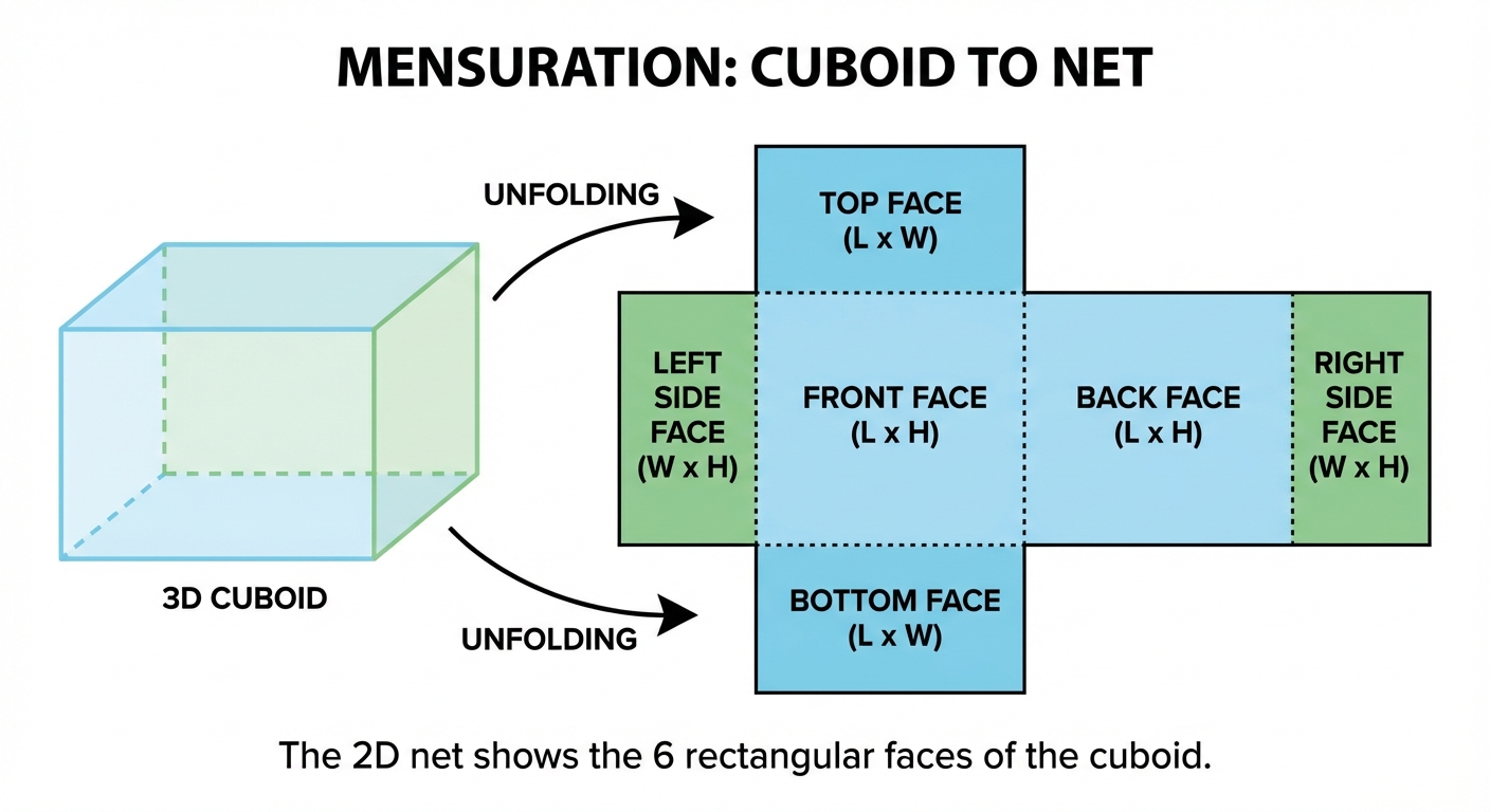 A 3D cuboid being unfolded into its 2D net, showing the 6 rectangular faces.