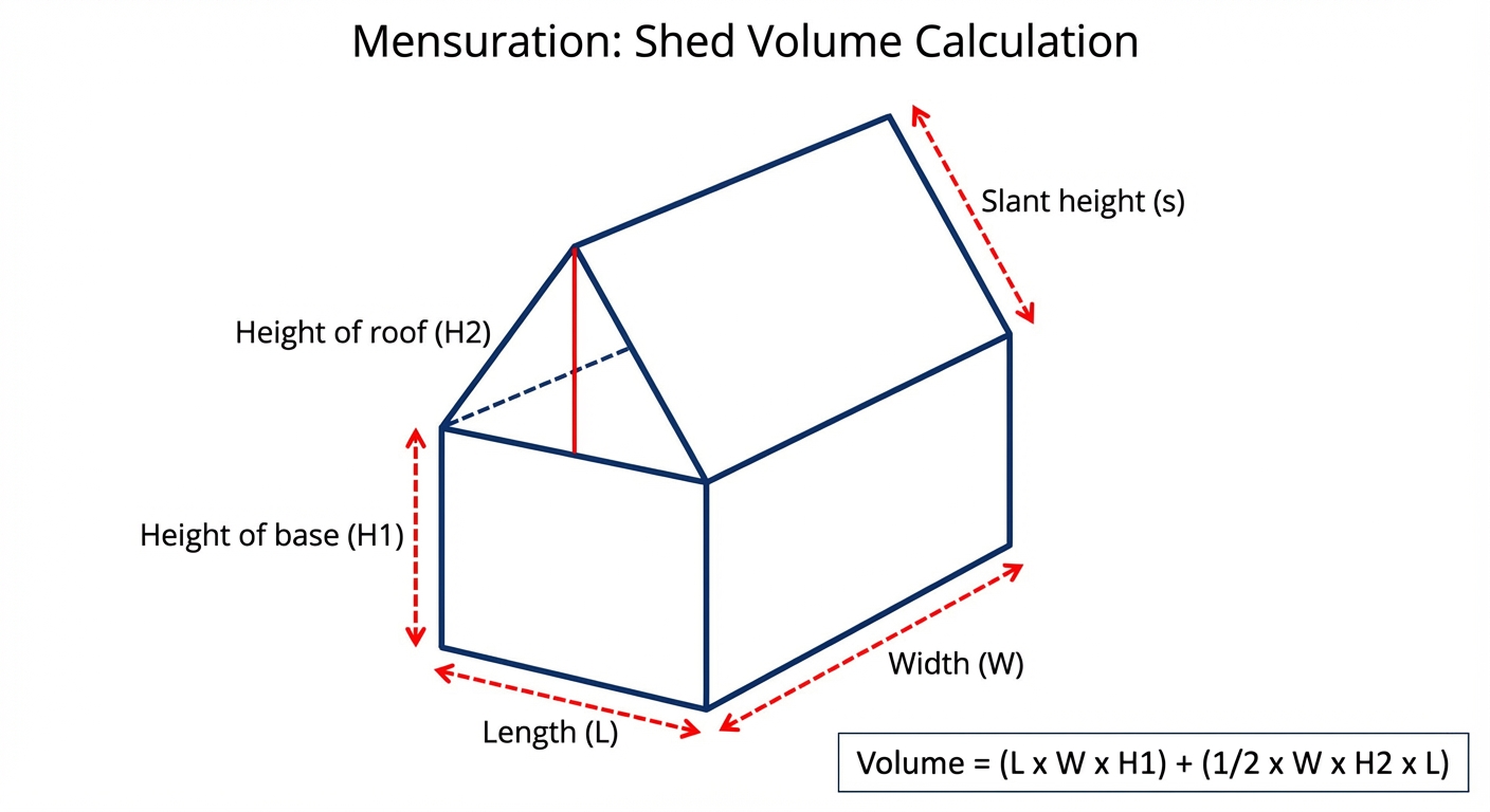 A simple drawing of a shed, composed of a cuboid base and a triangular prism roof, with all dimensions labelled.