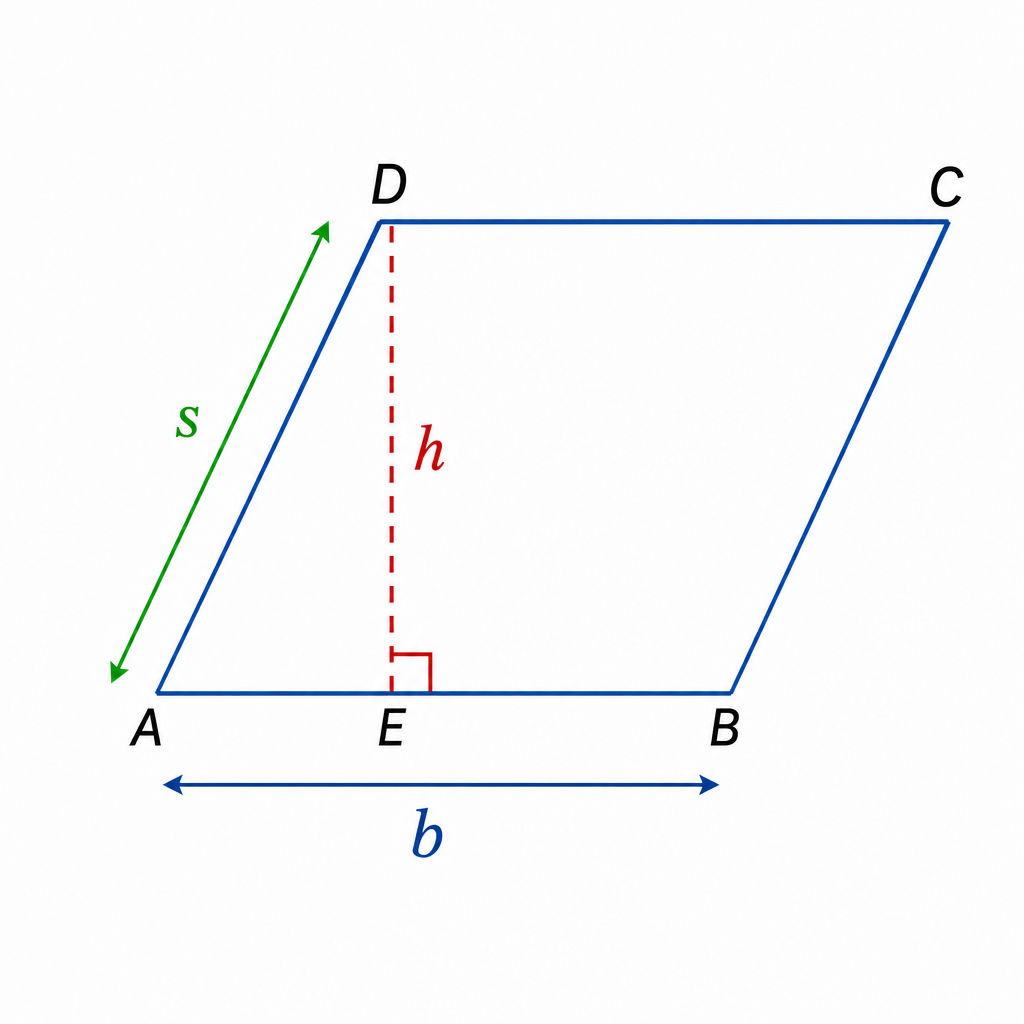 A diagram showing a parallelogram with its base labelled 'b', slanted side 's', and the perpendicular height 'h' shown as a dotted line from the top corner straight down to the base.