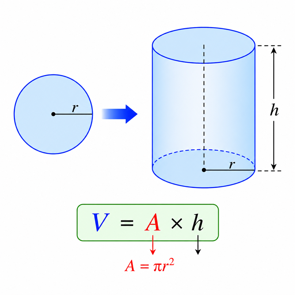 An animation showing a circular cross-section being extended to form a cylinder, with the formula V = A x h appearing.