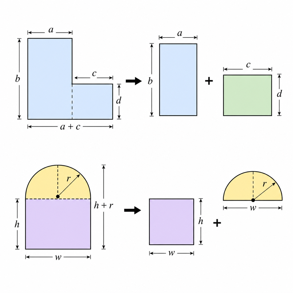 A diagram showing an L-shaped floor plan being split into two rectangles, and an arched window shape being split into a rectangle and a semicircle.