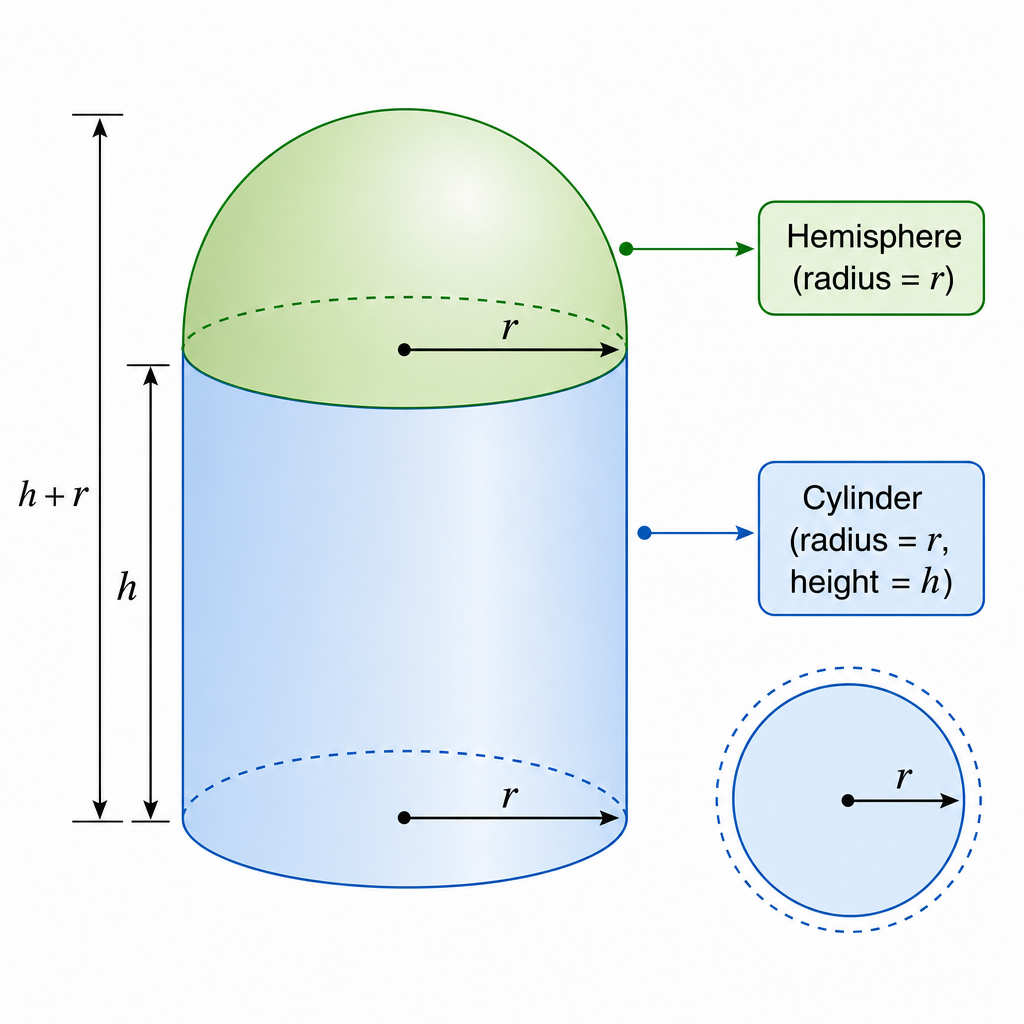 A 3D solid composed of a cylinder with a hemisphere on top, clearly showing the individual components.