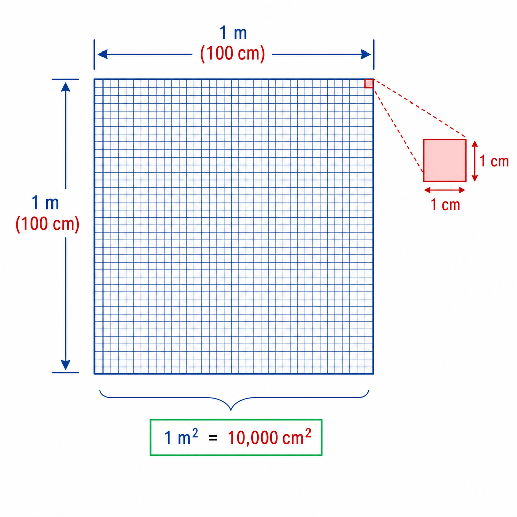 A square with sides labelled '1 m' and '100 cm'. The inside is shown as a grid of 100x100 smaller squares, demonstrating that 1 m² = 10,000 cm².