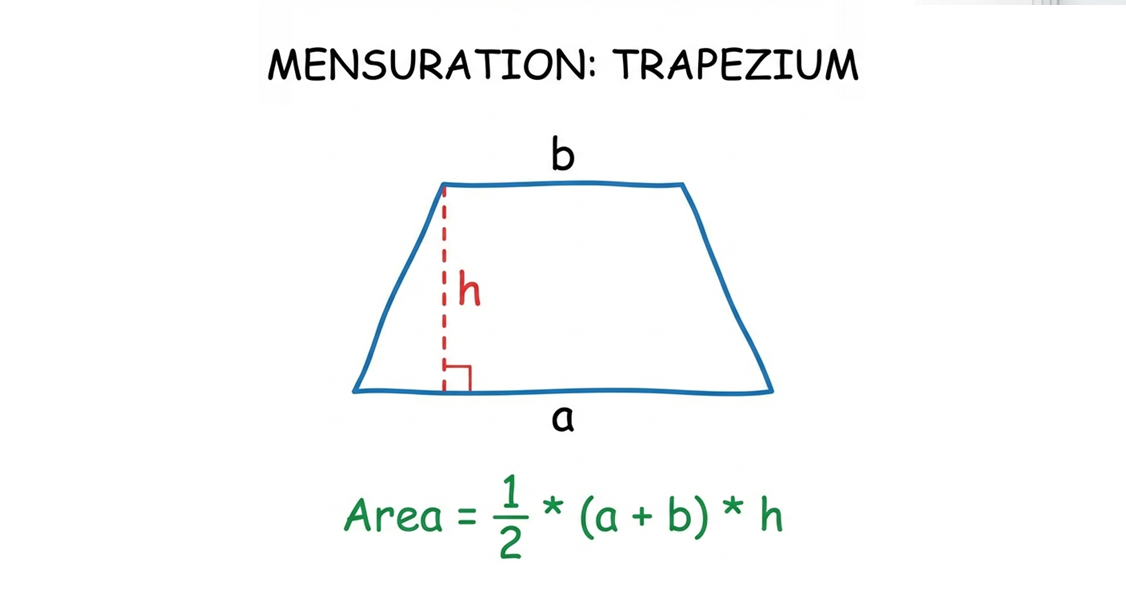 A diagram of a trapezium with the two parallel sides labelled 'a' and 'b', and the perpendicular height between them labelled 'h'.
