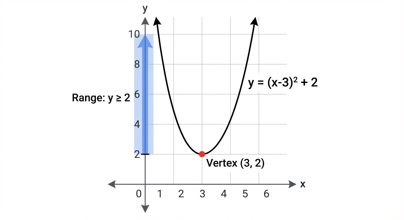 A graph of the parabola y = (x-3)^2 + 2, showing its vertex at (3,2). The y-axis from y=2 upwards is highlighted to illustrate the range.