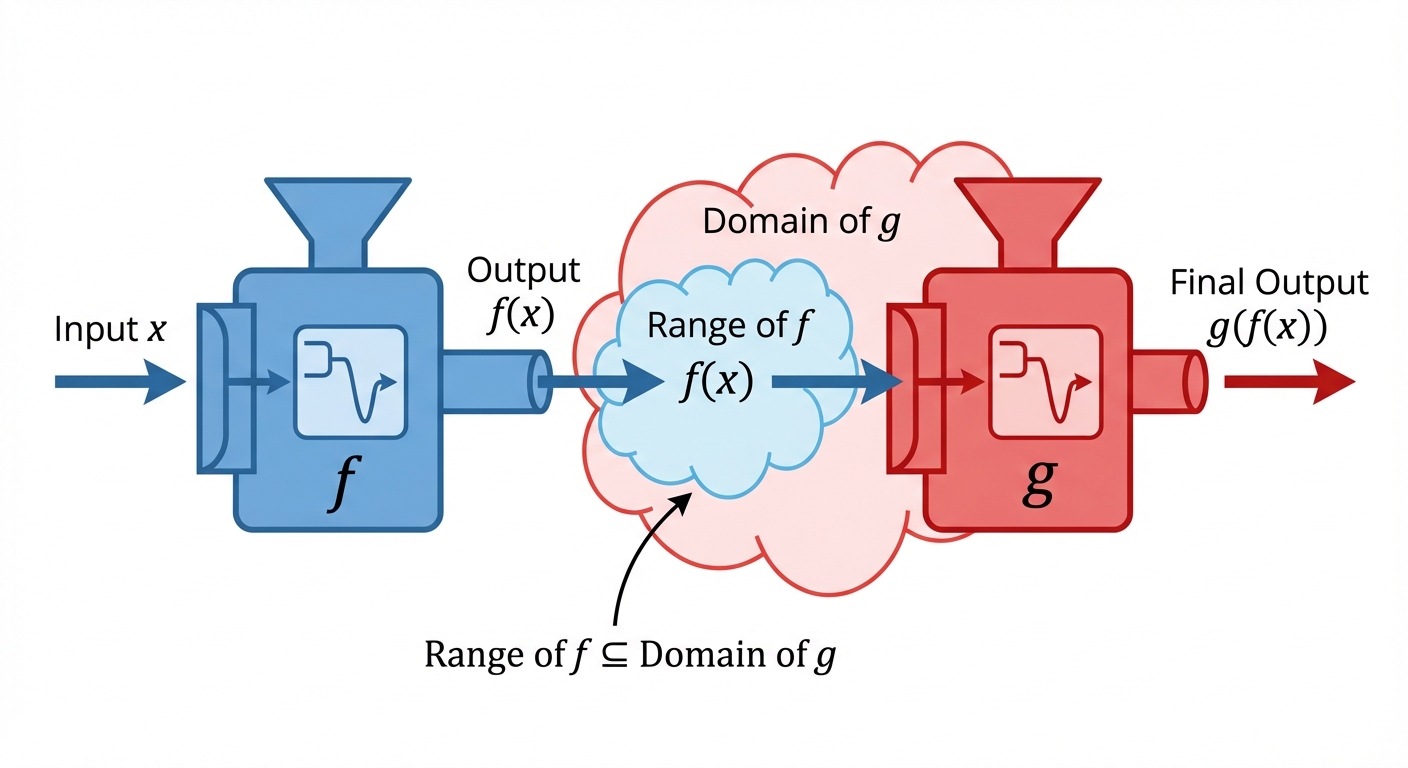 A diagram showing two 'function machines', f and g. An input x goes into machine f, producing an output f(x). This output f(x) then becomes the input for machine g, producing the final output g(f(x)). The diagram should highlight that the range of f must be contained within the domain of g.