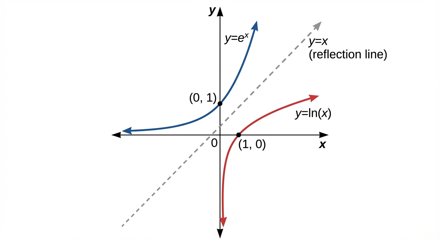 A graph showing the curve of y=e^x, its inverse y=ln(x), and the dashed line of reflection y=x bisecting the angle between them.