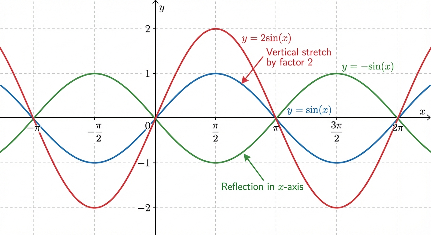 A graph of y=sin(x) being transformed to y=2sin(x) (vertical stretch) and y=-sin(x) (reflection in x-axis).