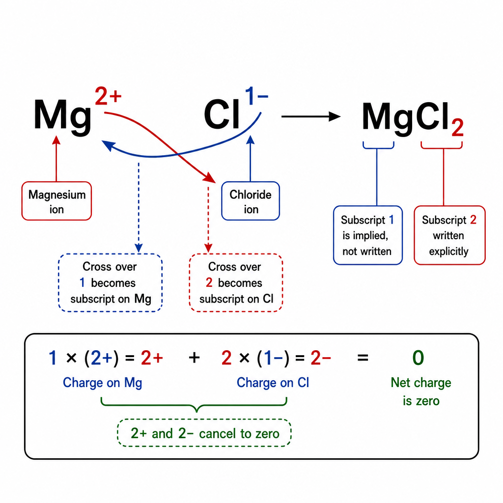 A simple "cross-over method" schematic for ionic formulae using magnesium chloride. On the left, "Mg" with superscript "2+" and "Cl" with superscript "1-". Two curved arrows cross over: the 2 from magnesium becomes a subscript on chlorine, the 1 from chlorine becomes a subscript on magnesium (written as none). Result on the right: "MgCl2". Below, a check line: "1 ร (2+) = 2+, 2 ร (1-) = 2-, cancels to zero." Clean black-on-white technical diagram.