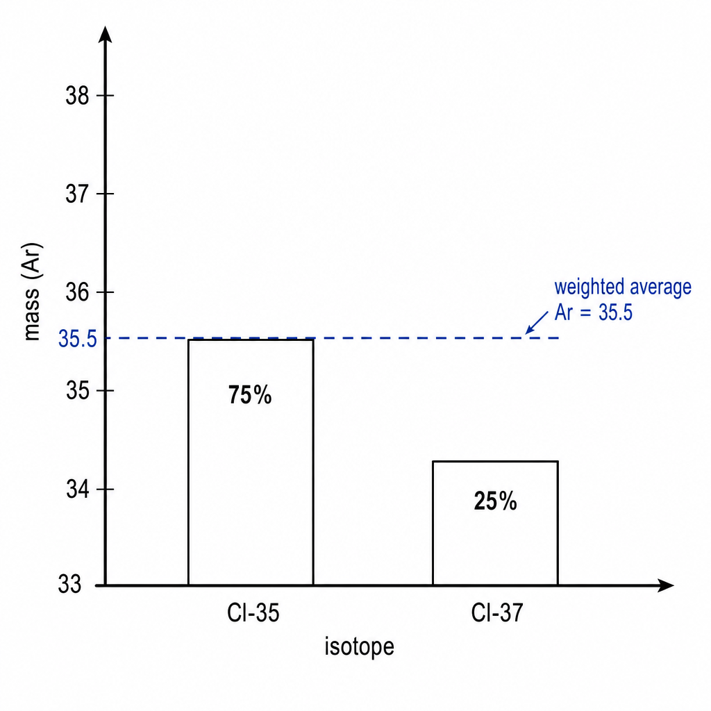 A simple bar diagram showing chlorine's two isotopes. A tall bar labelled "Cl-35, 75%" and a shorter bar labelled "Cl-37, 25%", with a dashed horizontal line drawn at 35.5 between them labelled "weighted average Ar = 35.5", sitting closer to the taller 75% bar. Clean black-on-white technical chart with labelled axes (mass on vertical, isotope on horizontal).