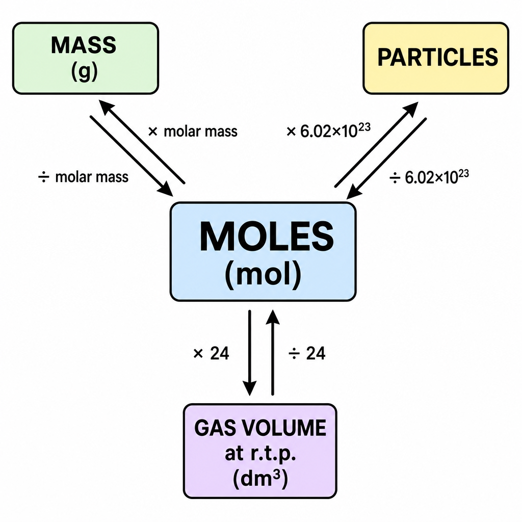 A simple central "mole map" flowchart. A central box reads "MOLES (mol)". Three arrows out to three boxes: "MASS (g)" with arrow label "รท molar mass / ร molar mass"; "PARTICLES" with arrow label "ร 6.02ร10^23 / รท 6.02ร10^23"; "GAS VOLUME at r.t.p. (dm^3)" with arrow label "ร 24 / รท 24". Clean black-on-white technical flowchart, central box bold.