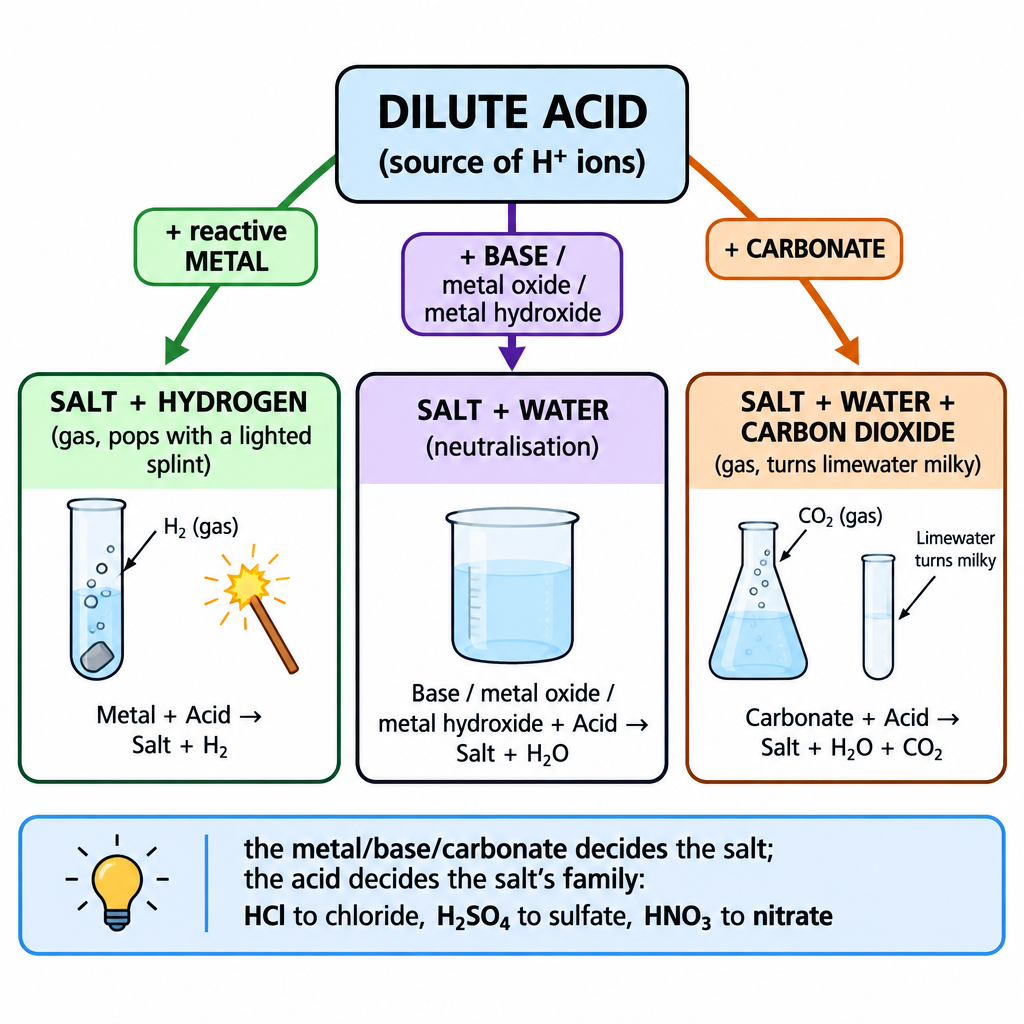 A central "what acids do" reaction map. A large central rounded box reads "DILUTE ACID (source of H+ ions)". Three labelled arrows radiate to three outer boxes. Arrow 1 labelled "+ reactive METAL" points to a box reading "SALT + HYDROGEN (gas, pops with a lighted splint)". Arrow 2 labelled "+ BASE / metal oxide / metal hydroxide" points to a box reading "SALT + WATER (neutralisation)". Arrow 3 labelled "+ CARBONATE" points to a box reading "SALT + WATER + CARBON DIOXIDE (gas, turns limewater milky)". Below the three boxes a horizontal banner reads "the metal/base/carbonate decides the salt; the acid decides the salt's family: HCl to chloride, H2SO4 to sulfate, HNO3 to nitrate". Clean black-on-white technical flowchart, central box bold, every arrow labelled.