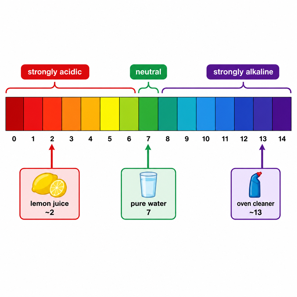 A horizontal pH colour scale from 0 to 14, drawn as 15 numbered segments. Left end (0-2) deep red labelled "strongly acidic", grading through orange (3-4) and yellow (5-6) to green at 7 labelled "neutral", then through blue-green (8-9) and blue (10-12) to deep purple/violet at 14 labelled "strongly alkaline". Below the bar three example labels with arrows: "lemon juice ~2", "pure water 7", "oven cleaner ~13". Clean technical colour-key diagram with the number line clearly marked 0 to 14.