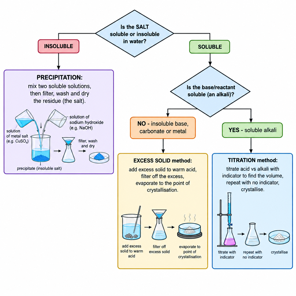 A salt-preparation decision flowchart. Top decision diamond "Is the SALT soluble or insoluble in water?". The "INSOLUBLE" branch goes to a box "PRECIPITATION: mix two soluble solutions, then filter, wash and dry the residue (the salt)". The "SOLUBLE" branch goes to a second decision diamond "Is the base/reactant soluble (an alkali)?". Its "NO - insoluble base, carbonate or metal" branch goes to a box "EXCESS SOLID method: add excess solid to warm acid, filter off the excess, evaporate to the point of crystallisation". Its "YES - soluble alkali" branch goes to a box "TITRATION method: titrate acid vs alkali with indicator to find the volume, repeat with no indicator, crystallise". Clean black-on-white technical decision-tree flowchart with two diamonds and clearly labelled branches.