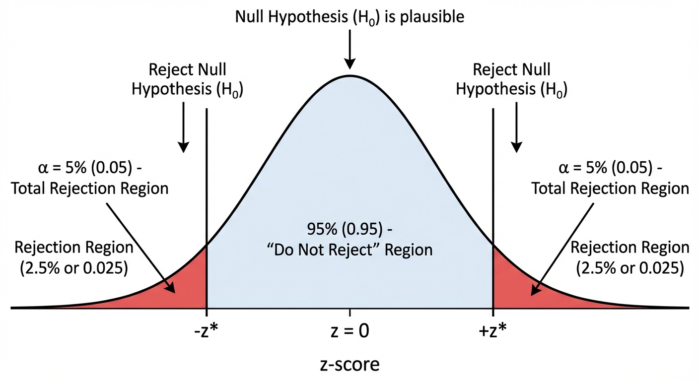 A diagram of the standard normal curve, showing the central region (e.g., 95%) and the two shaded 'critical regions' or 'rejection regions' in the tails where the test statistic would need to fall to reject the null hypothesis.