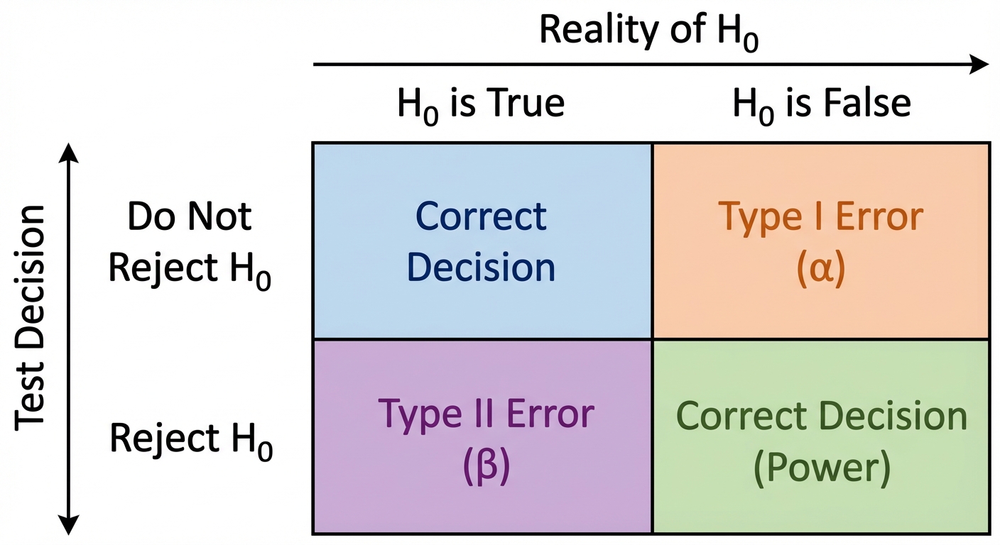 A 2x2 grid showing the relationship between the reality of H₀ (True/False) and the test decision (Reject/Do Not Reject). The four cells are labelled: Correct Decision, Type I Error (α), Type II Error (β), and Correct Decision (Power).